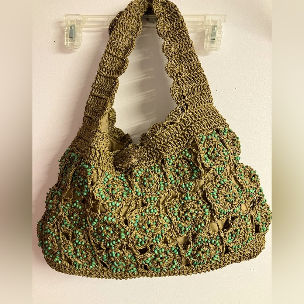 Women’s Summer Crocheted/Beaded Shoulder Bag, Tan/Green, Lined